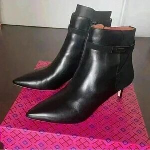 Tory Burch Black Leather Pointed Toe Kitten Heel Ankle Boots Size 9M
